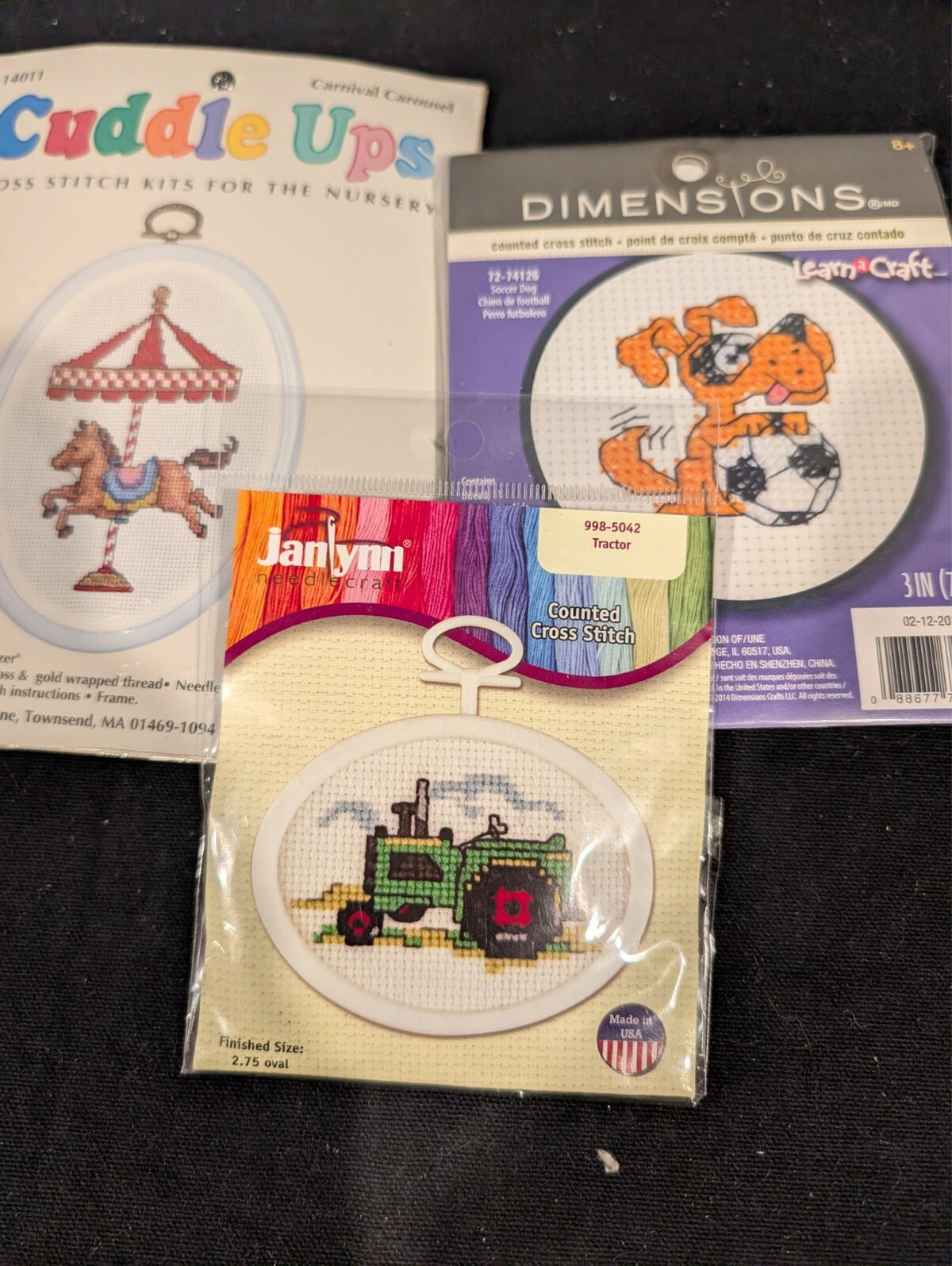 3 Mini Cross Stitch Kits Dimensions Soccer Dog Janlynn Tractor Cuddle Ups