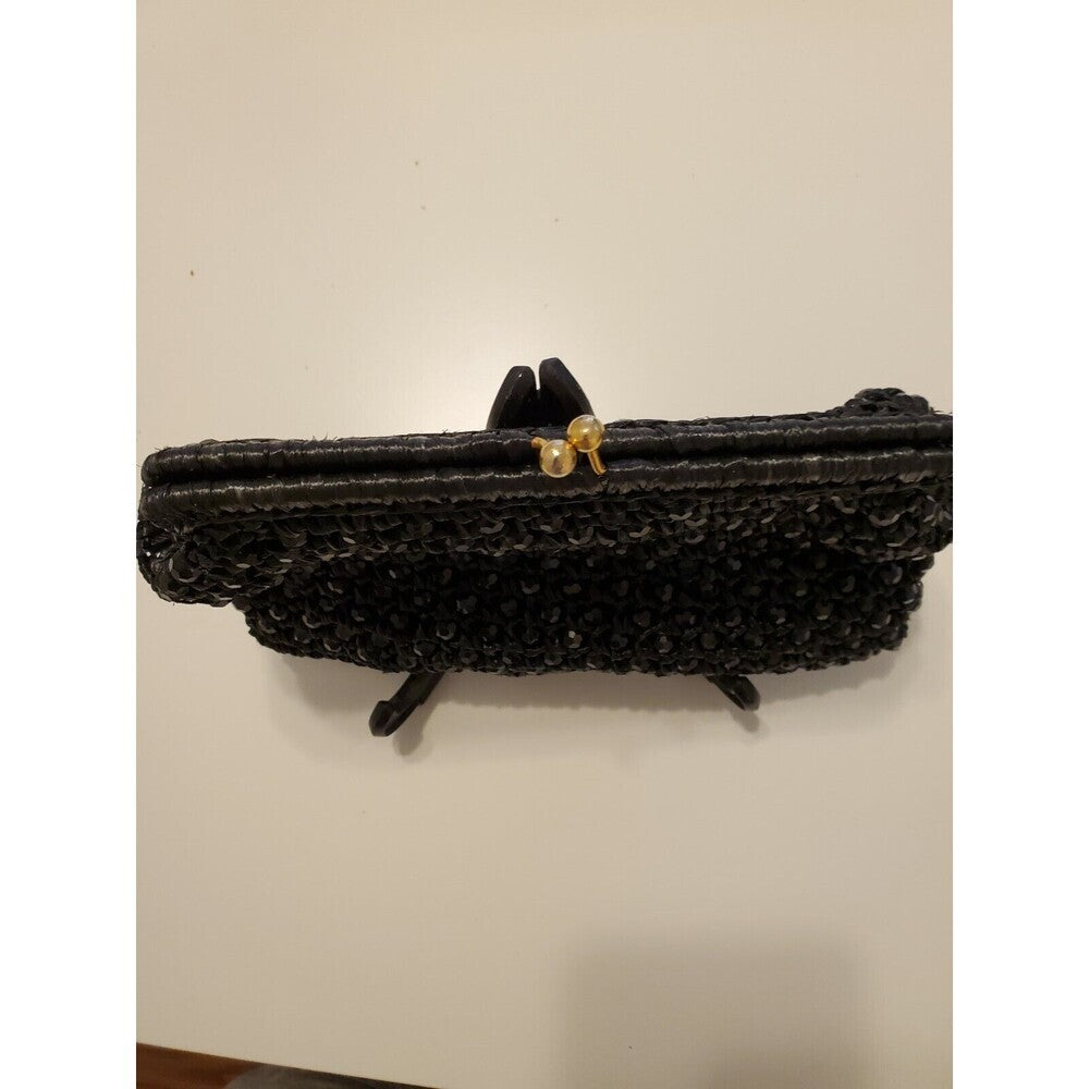 Vintage Black Rafia and Beaded Bag/Purse Gold Kiss Clasp Top and Zipper Bottom
