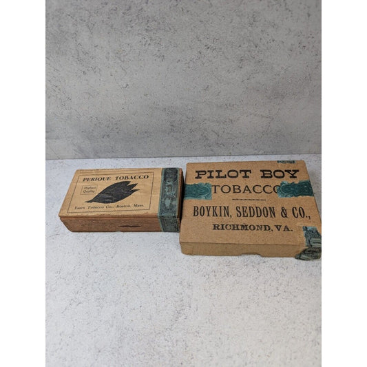 Vintage Tobacco Boxes Pilot Boy Richmond VA Perique Essex Boston Tax Stamp