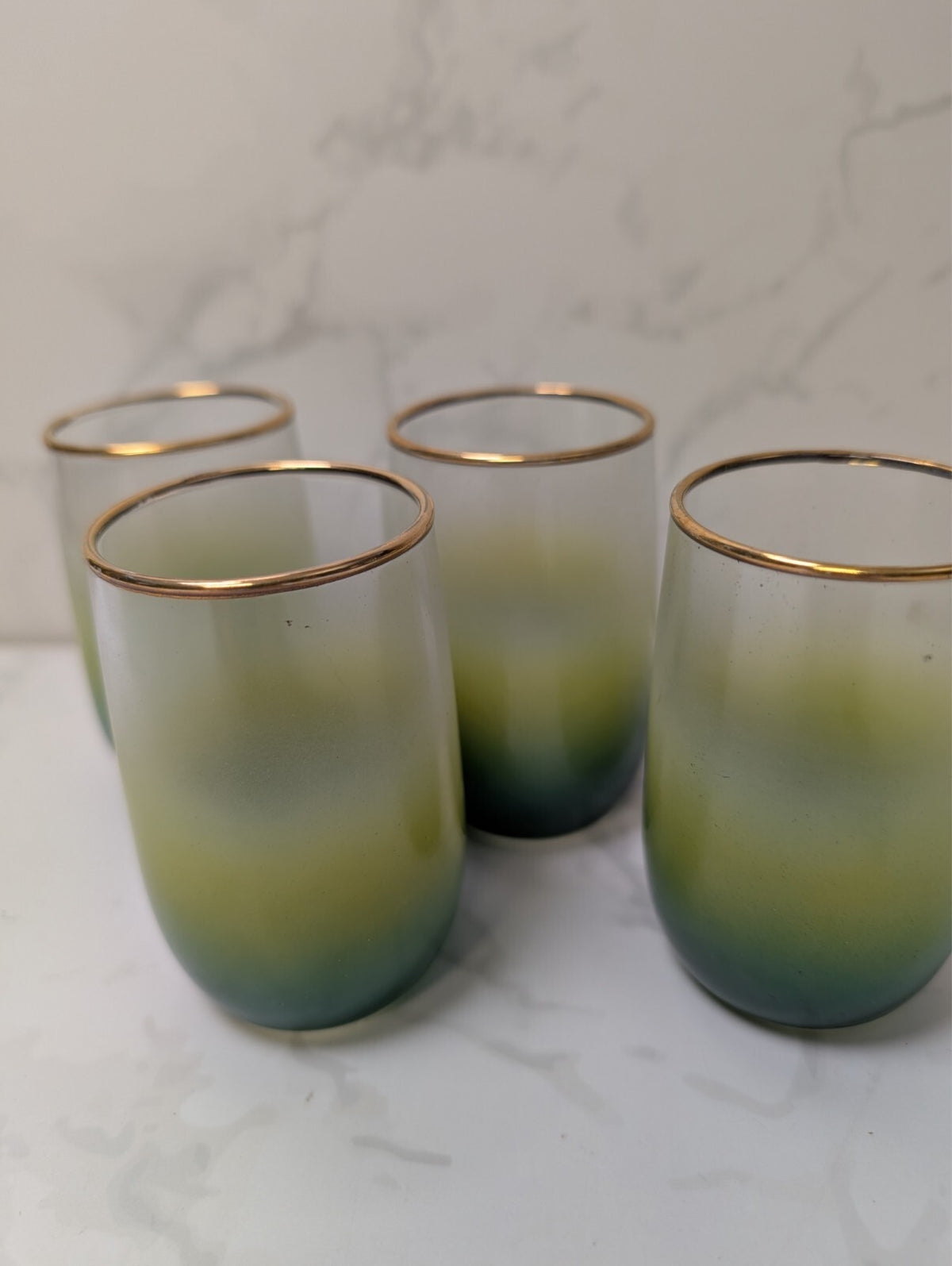 Vintage Blendo Green Yellow Ombre Pitcher & 4 Tumblers Gold Trim MCM Glass