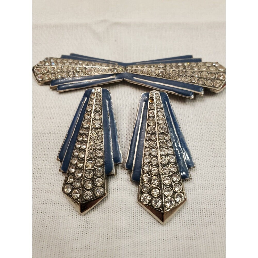 Vintage Art Deco Rhinestone and Blue Enamel Earrings and Pin Brooch