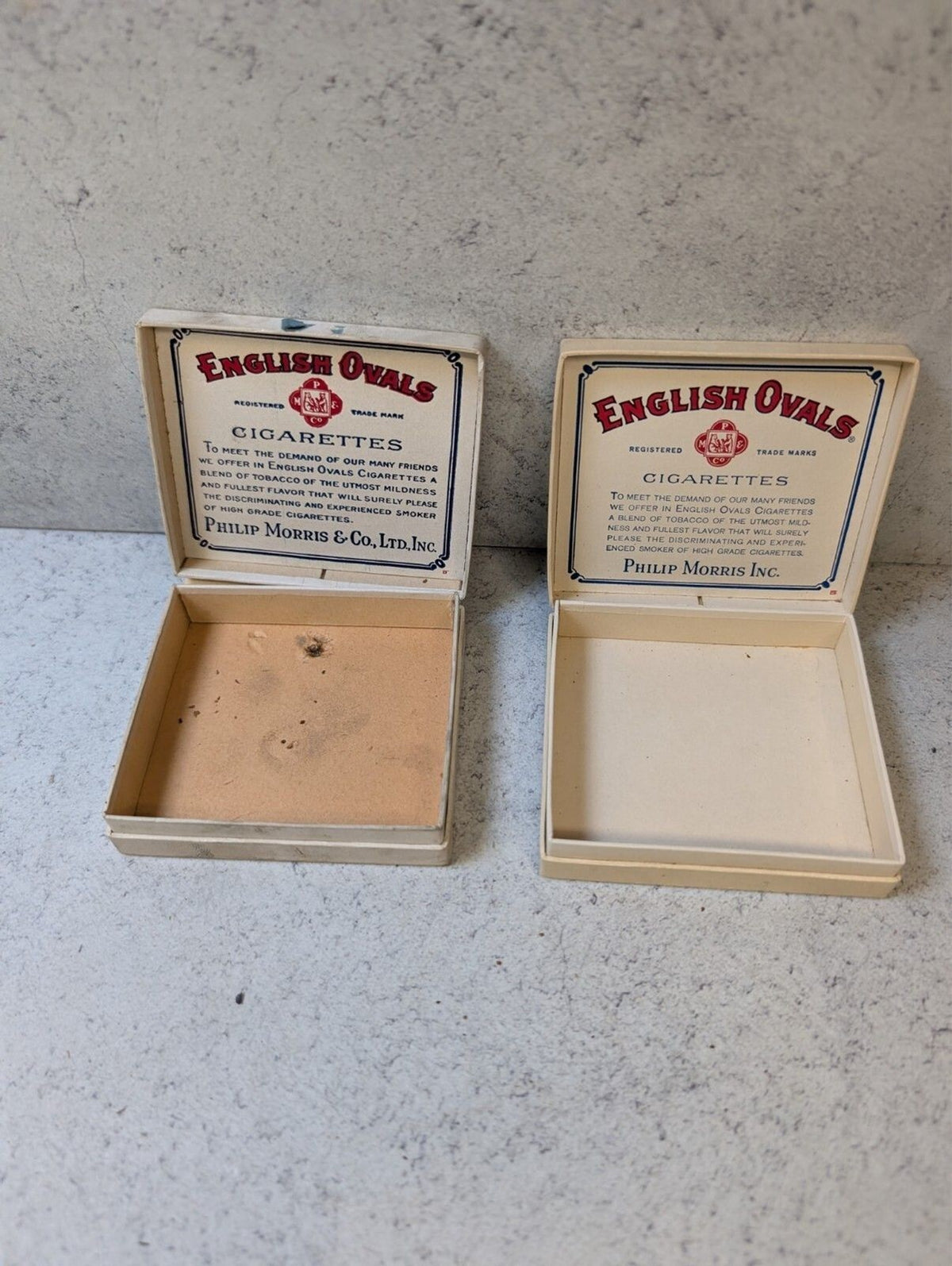 2 Vintage Philip Morris English Ovals Cigarette Cardboard Boxes