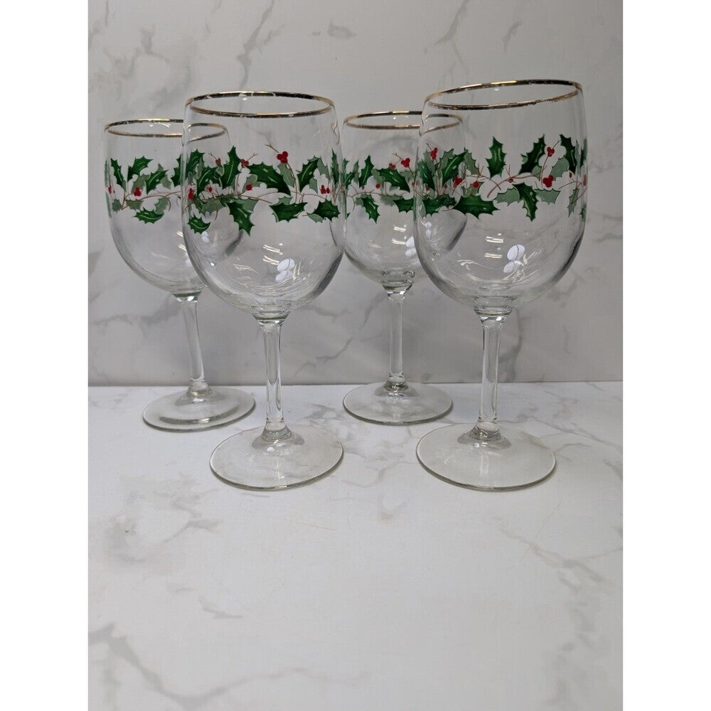Lenox Holiday Dimension Holly Berry 10 Oz Goblets Set of 4 Thick Gold Band