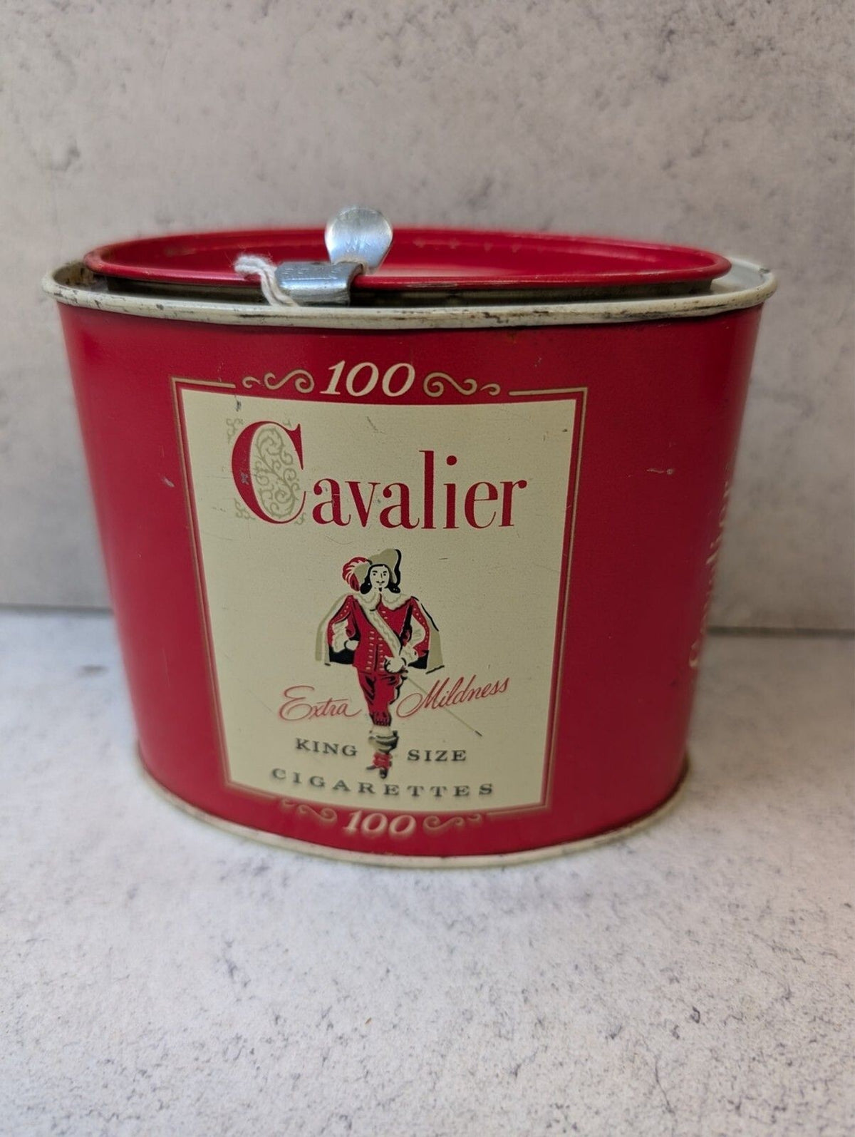 Vintage Cavalier Red Metal Tin 100 Count Round Storage Container Lid