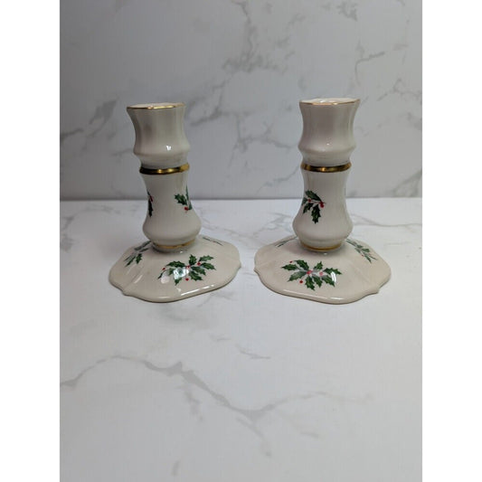Lenox Holiday Candlesticks Pair Gold Trim USA Christmas Holly 4.5" Vintage