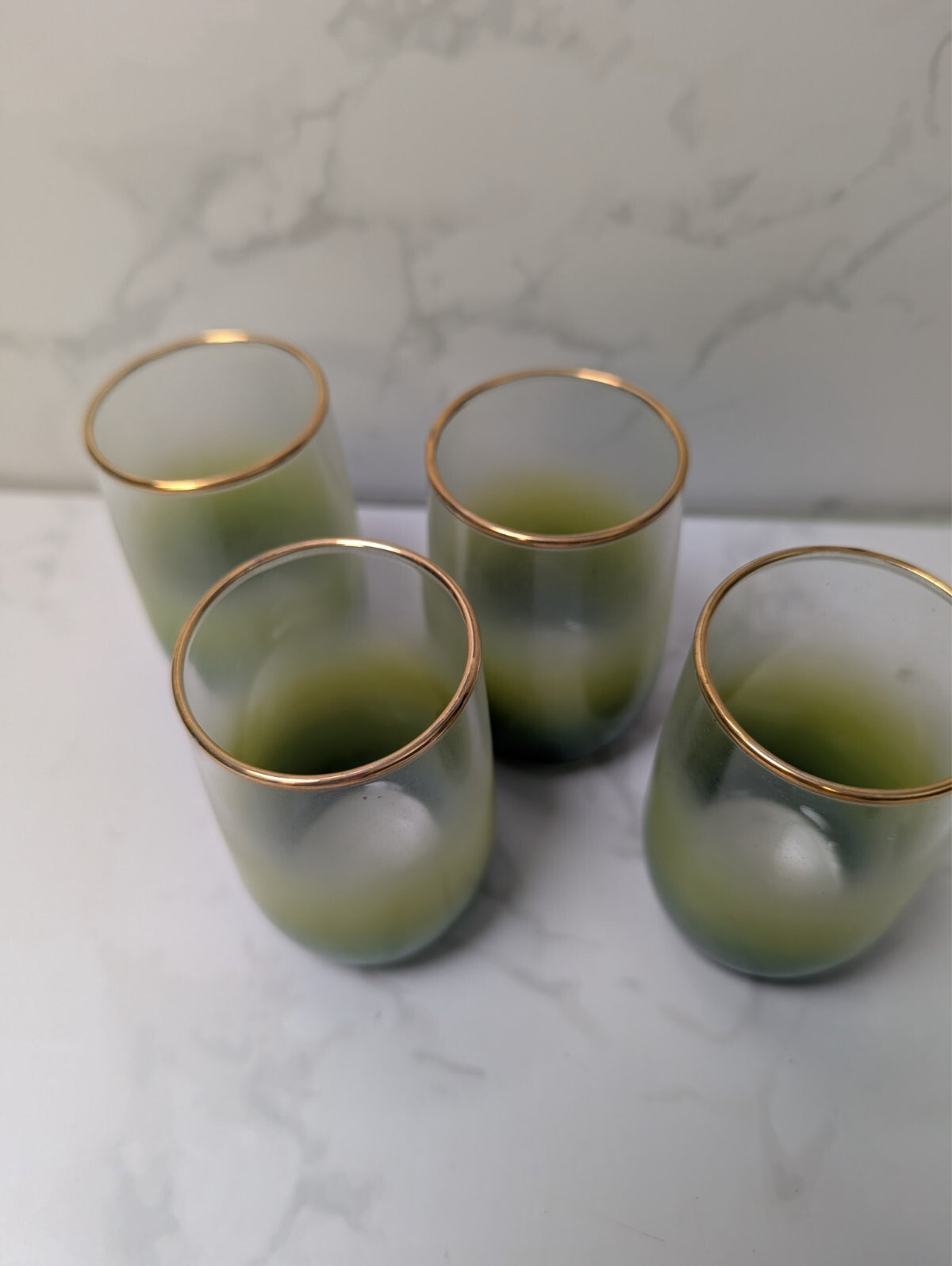 Vintage Blendo Green Yellow Ombre Pitcher & 4 Tumblers Gold Trim MCM Glass