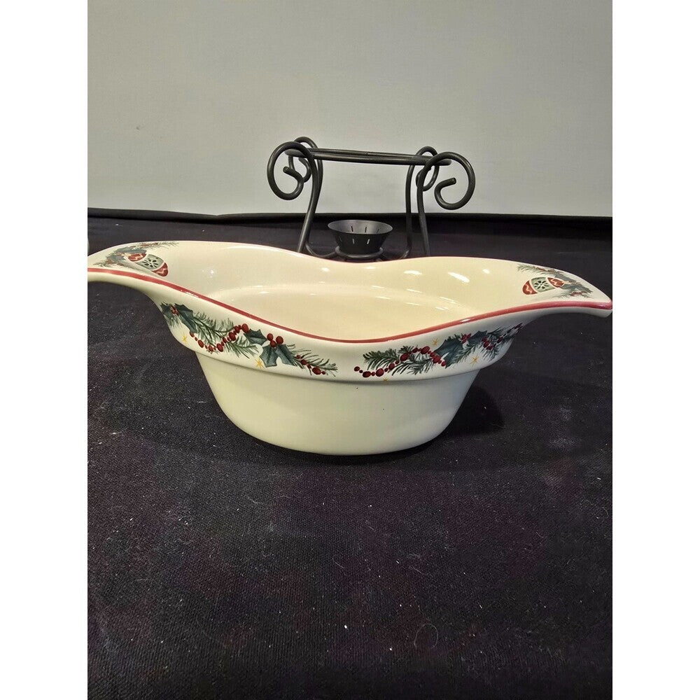 Pfaltzgraff Holiday Garland Divided Serving Bowl with Metal Stand & Ladle