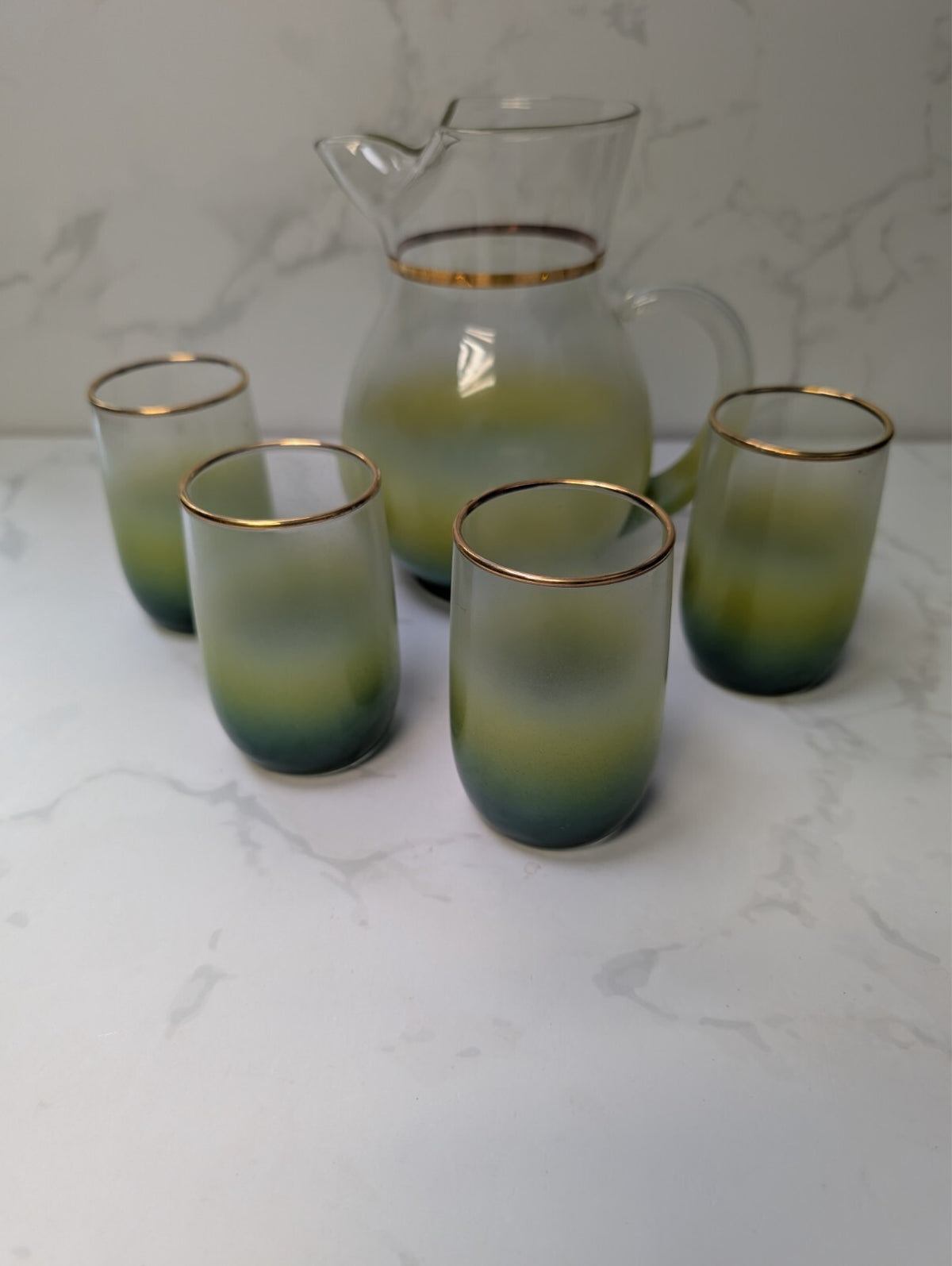 Vintage Blendo Green Yellow Ombre Pitcher & 4 Tumblers Gold Trim MCM Glass