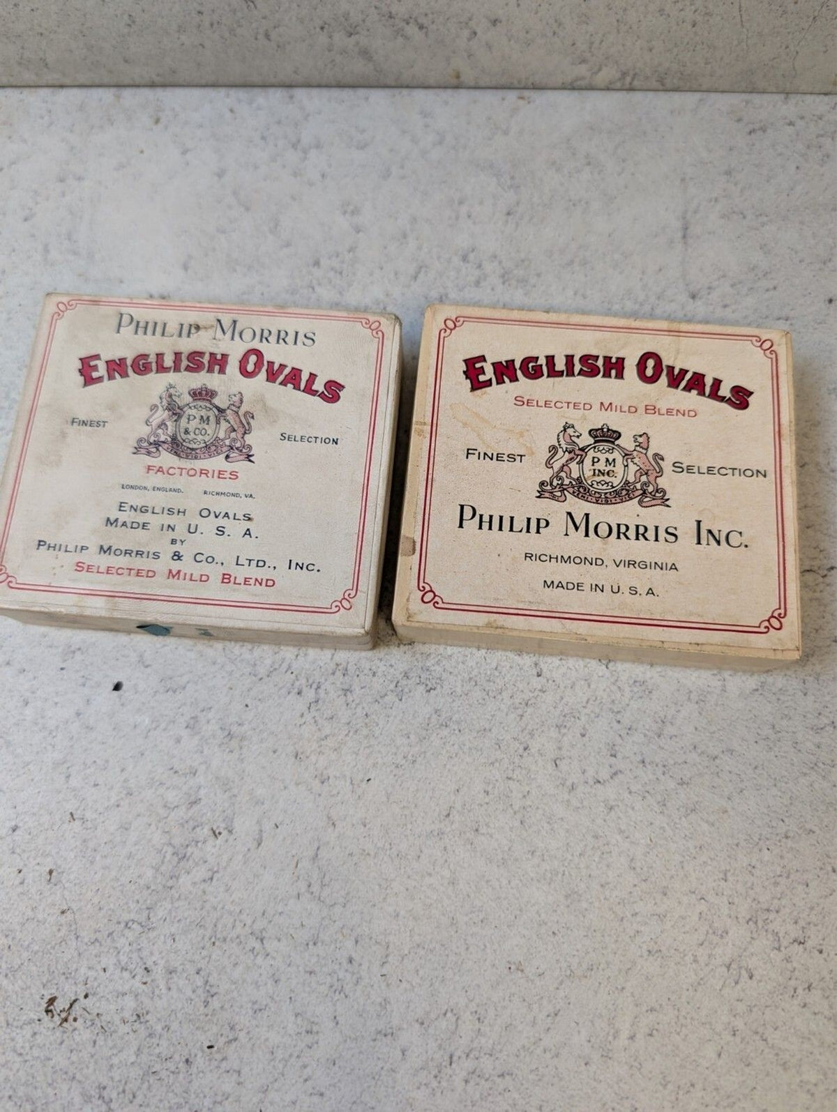 2 Vintage Philip Morris English Ovals Cigarette Cardboard Boxes
