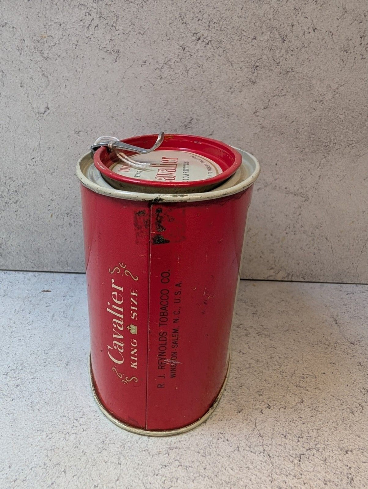 Vintage Cavalier Red Metal Tin 100 Count Round Storage Container Lid