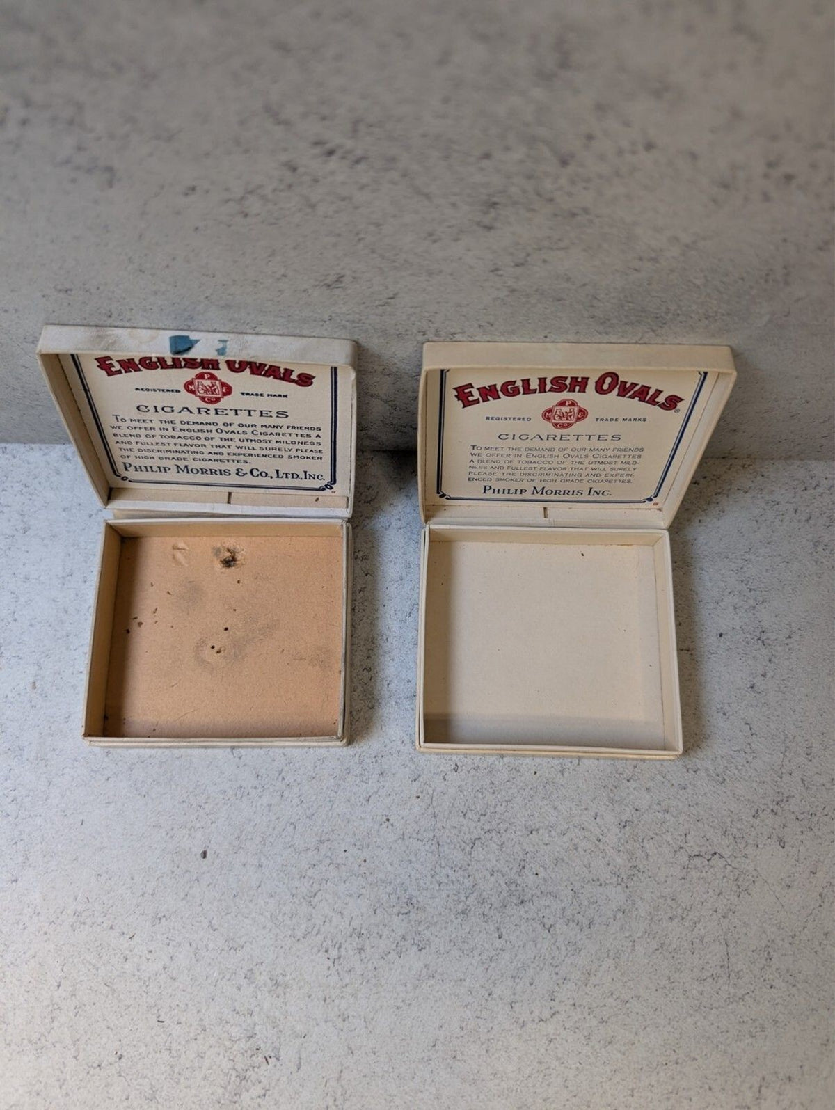 2 Vintage Philip Morris English Ovals Cigarette Cardboard Boxes
