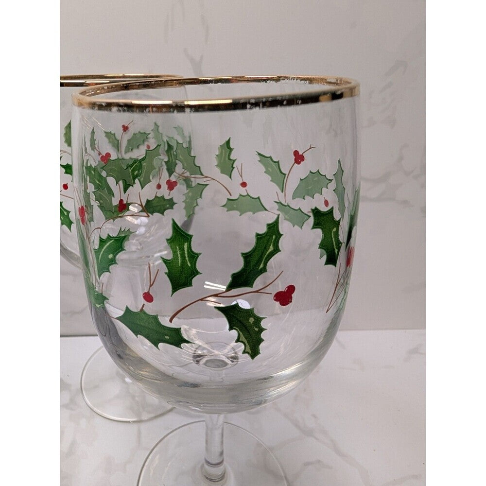 Lenox Holiday Dimension Holly Berry 10 Oz Goblets Set of 4 Thick Gold Band