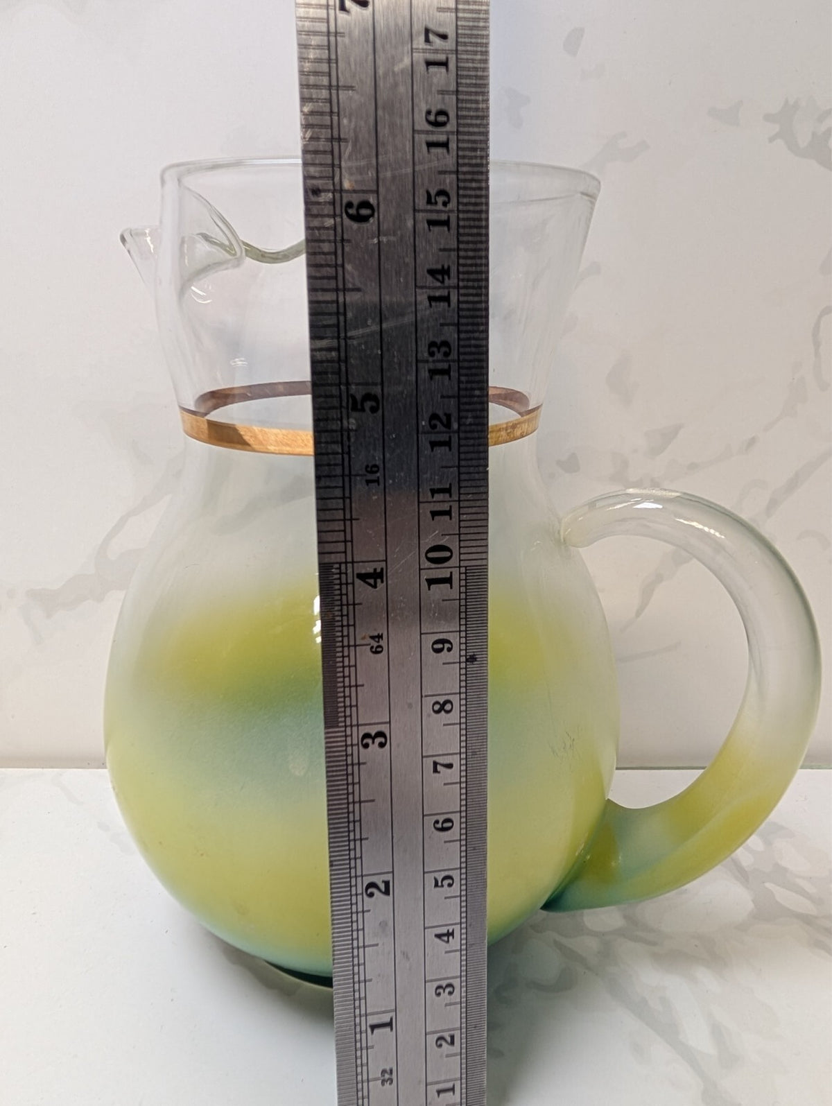Vintage Blendo Green Yellow Ombre Pitcher & 4 Tumblers Gold Trim MCM Glass
